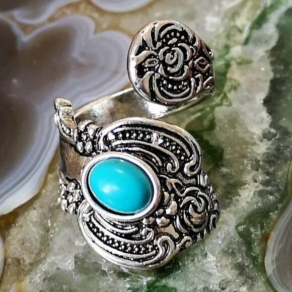 Boho Rose and Flowers with Faux Turquoise Adjustable Spoon Ring #1221 - Picture 13 of 16